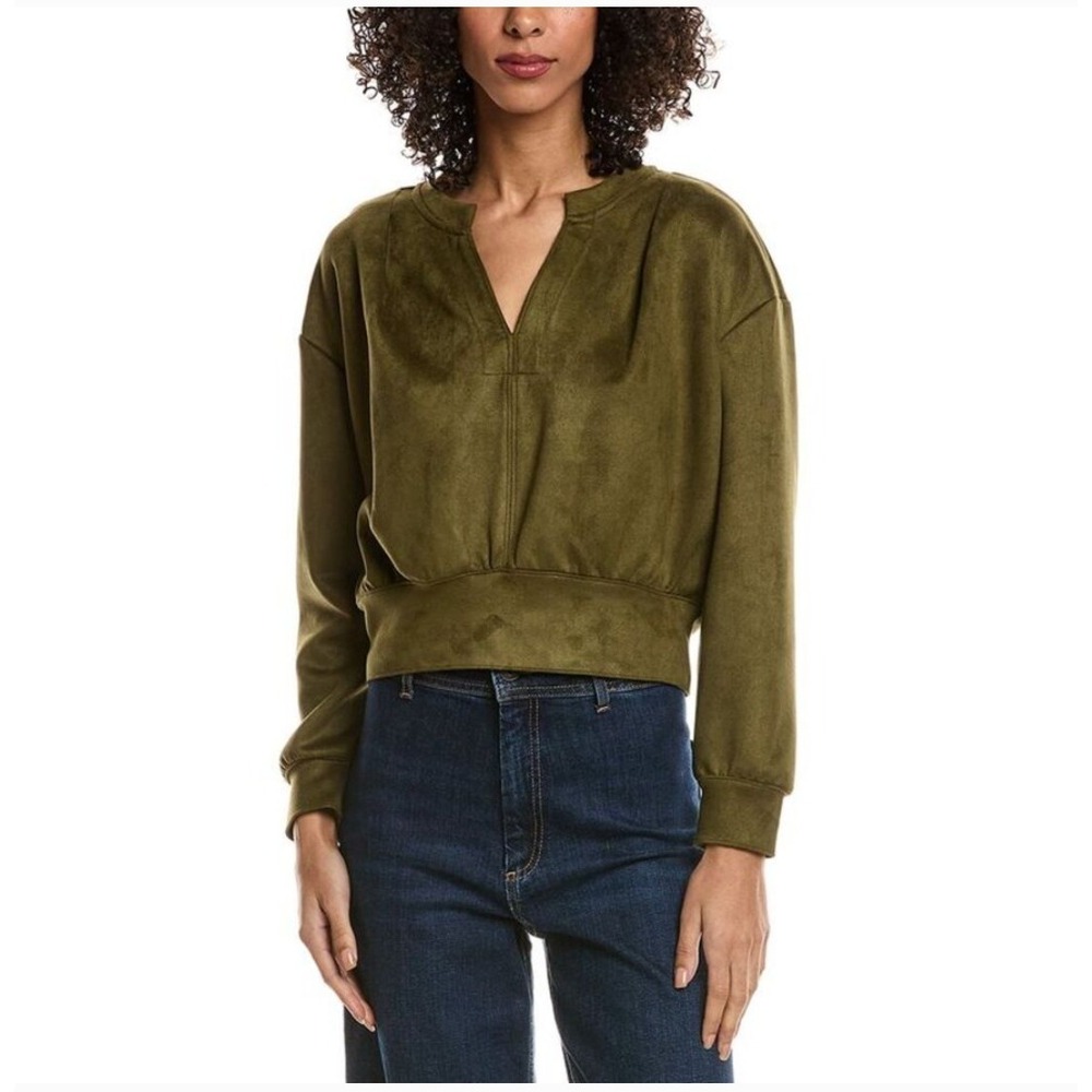 Kenneth Cole | Olive Green Faux Suede Long Sleeve Split Neck Top Medium